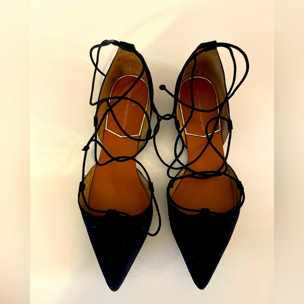 Zara, Black Suede Lace Up Flats, Size 40 (9)
